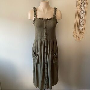 Boho Crinkle Rayon Front Button Down Olive Green Midi Dress Size Medium